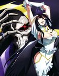  1girl absurdres ainz_ooal_gown albedo armpits arms_up bare_hips black_hair black_wings breasts choker cleavage dress elbow_gloves gloves glowing glowing_eyes hair_between_eyes highres horns jewelry large_breasts long_hair official_art open_mouth overlord_(maruyama) red_eyes ring skull slit_pupils white_dress white_gloves wings yellow_eyes 