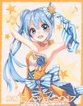  39 2017 armpits arms_up bad_id bad_pixiv_id blue_eyes blue_hair blush dress hatsune_miku highres long_hair no_hands open_mouth side_ponytail solo star strapless strapless_dress very_long_hair vocaloid yuzuaji 