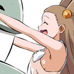  1girl ^o^ armpits bare_shoulders breasts brown_hair collarbone dress eyes_closed from_above from_side gym_leader hair_ornament happy hug long_hair looking_at_viewer looking_up mikan_(pokemon) no_bra open_mouth pokemon pokemon_(game) pokemon_gsc purple_eyes reaching_out ribbon see-through sideboob sleeveless small_breasts smile steelix twintails white_dress 