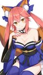  blush breasts choker cleavage eyebrows_visible_through_hair fate/extra fate_(series) highres izumo_neru large_breasts long_hair pink_hair sitting smile solo tamamo_(fate)_(all) tamamo_no_mae_(fate) yellow_eyes 