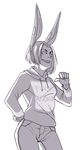  animal_humanoid clothed clothing female humanoid lagomorph looking_at_viewer mammal melamoryblack monochrome open_mouth rabbit_humanoid smile solo standing 