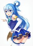  aqua_(konosuba) ass blue_eyes blue_hair blush detached_sleeves downscaled hair_ornament highres kono_subarashii_sekai_ni_shukufuku_wo! long_hair md5_mismatch no_panties open_mouth resized shirasawa_kazane skirt solo thighhighs 