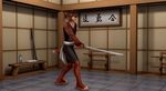  16:9 3d_(artwork) amber_eyes anthro asian bodysuit brown_nose clothing dan_scarlet digital_media_(artwork) dimonis dojo feline fur hi_res japan katana lynx male mammal melee_weapon red_fur red_lynx skinsuit solo stripes sword tight_clothing weapon 