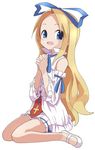  1girl :d bare_legs blonde_hair blue_eyes blue_ribbon copyright_request cross_print detached_sleeves disgaea dress flonne forehead frilled_sleeves frills hair_ribbon hands_clasped highres knees_together_feet_apart long_hair long_sleeves looking_at_viewer makai_senki_disgaea mary_janes no_socks open_mouth praying ribbon shoes simple_background sitting smile solo tareme very_long_hair wariza white_background white_dress white_shoes yamamoto_souichirou 