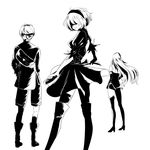  2girls bag bare_shoulders blindfold boots breasts dress feather-trimmed_sleeves full_body gloves greyscale hair_between_eyes highres hikari_(skrir-mu56) juliet_sleeves long_hair long_sleeves medium_breasts mole mole_under_mouth monochrome multiple_girls nier_(series) nier_automata puffy_sleeves short_hair shorts thigh_boots thighhighs white_background yorha_no._2_type_b yorha_no._9_type_s yorha_type_a_no._2 