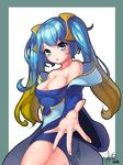  :o absurdres bad_id bad_pixiv_id blonde_hair blue_eyes blue_hair blush breasts cleavage eyebrows_visible_through_hair highres large_breasts league_of_legends lee_seok_ho looking_at_viewer multicolored_hair open_mouth outstretched_arm solo sona_buvelle 