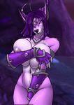  2017 abstract_background alternate_species anthro areola big_areola big_breasts breasts canine clothing collar covering covering_breasts covering_crotch elbow_gloves elbow_tufts fangs female fur furball gloves hair hair_over_eye hi_res horn jra&#039;gaana looking_at_viewer mammal mostly_nude multicolored_fur navel portrait purple_eyes purple_hair shoulder_tuft three-quarter_portrait tuft two_tone_fur video_games warcraft were werewolf worgen 