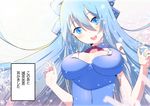  blue_bow blue_eyes blue_hair bow breasts cirno cleavage cleavage_cutout large_breasts long_hair mimikaki open_mouth red_ribbon ribbon round_teeth smile solo speech_bubble teeth touhou translated yamada_ranga 