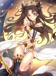  armlet asymmetrical_legwear asymmetrical_sleeves bare_shoulders black_hair blush bridal_gauntlets crown earrings elbow_gloves fate/grand_order fate_(series) gloves hair_ribbon hoop_earrings ishtar_(fate/grand_order) jewelry long_hair long_legs looking_at_viewer neck_ring pelvic_curtain pointing pointing_at_viewer red_eyes ribbon single_elbow_glove single_thighhigh smile solo thighhighs two_side_up untsue 