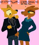  anthro breasts canine clothed clothing duo english_text erection erection_under_clothes female gregg_(nitw) grope male male/female mammal night_in_the_woods text unknown_artist unwanted_erection 