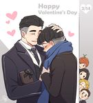  4boys artist_name black_hair blonde_hair blush bow bowtruckle chibi closed_eyes credence_barebone crying dated facial_hair fantastic_beasts_and_where_to_find_them gift green_eyes happy_valentine heart jacob_kowalski male_focus multiple_boys multiple_girls mustache newt_scamander nightcat open_mouth peeking_out percival_graves porpentina_goldstein queenie_goldstein scarf valentine yaoi 
