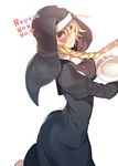  1girl arc_system_works ass blazblue blonde_hair braid breasts habit hyakuhachi_(over3) lambda-11 large_breasts long_hair looking_at_viewer nun red_eyes single_braid smile solo spoilers very_long_hair 