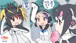  bangs black_hair commentary food giant_penguin_(kemono_friends) grey_hair headphones humboldt_penguin_(kemono_friends) jacket japari_bun kemono_friends long_hair mouth_hold multicolored_hair multiple_girls open_mouth penguins_performance_project_(kemono_friends) red_eyes rockhopper_penguin_(kemono_friends) short_hair skirt translated very_long_hair yoshizaki_mine zipper 