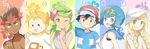  3girls :d :o ;q bad_id bad_twitter_id blue_sailor_collar closed_mouth column_lineup copyright_name floral_background grin kaki_(pokemon) lillie_(pokemon) looking_at_viewer mamane_(pokemon) mao_(pokemon) mei_(maysroom) multiple_boys multiple_girls one_eye_closed open_mouth pokemon pokemon_(anime) pokemon_sm_(anime) sailor_collar satoshi_(pokemon) smile suiren_(pokemon) tongue tongue_out upper_body 