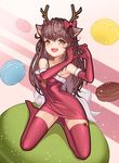  absurdres ahri antlers bad_id bad_pixiv_id bow breasts brown_hair elbow_gloves eyebrows_visible_through_hair fang food gloves heart heart_hands highres large_breasts league_of_legends lee_seok_ho long_hair macaron open_mouth red_bow red_legwear smile thighhighs 