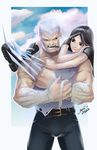  black_hair brown_eyes claw_(weapon) claws father_and_daughter highres logan_(movie) long_hair marvel old_man weapon white_hair wolverine x-23 x-men 