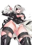  amayakan ass_visible_through_thighs black_dress black_legwear blindfold blush boots breasts cameltoe dress feather-trimmed_sleeves grey_hair hairband holding holding_sword holding_weapon large_breasts mole mole_under_mouth nier_(series) nier_automata nipples parted_lips short_hair simple_background solo sword thigh_boots thighhighs torn_clothes torn_dress torn_legwear weapon wedgie white_background yorha_no._2_type_b 