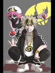  1girl ashido_mina bakugou_katsuki bandana bandana_over_mouth bare_shoulders black_sclera boku_no_hero_academia breasts chain_necklace clenched_teeth cosplay eyewear_on_head frown full_body grey_background guzma_(pokemon) guzma_(pokemon)_(cosplay) holding holding_poke_ball hood horns jacket jewelry leaning_forward looking_at_viewer necklace open_clothes outstretched_arm pants pink_hair pink_skin poke_ball pokemon pokemon_(game) pokemon_sm sharp_teeth shirt shoes short_hair short_sleeves shorts silver_hair simple_background skull_necklace sleeveless spiked_hair squatting standing sunglasses tank_top team_skull_grunt team_skull_uniform teeth tossing track_jacket track_pants watch white_shirt wristband yellow_eyes 