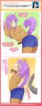  2017 anthro ask_blog bent_over blush boxer_briefs brown_fur butt clothed clothing dialogue disembodied_hand duo english_text equine fur girly green_eyes hair horse long_hair looking_back male mammal nipples onomatopoeia purple_hair reggie_(tokifuji) shocked solo_focus sound_effects spanking text thick_thighs tokifuji topless tumblr underwear 