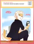  2017 annoyed anthro ask_blog blonde_hair clothed clothing deckland_(tokifuji) dialogue earbuds english_text facial_piercing fur green_eyes hair headphones jacket looking_at_viewer looking_back male mammal middle_finger multicolored_fur mustelid phone piercing pink_nose sitting slit_pupils solo text tokifuji tumblr two_tone_fur weasel white_fur yellow_fur 