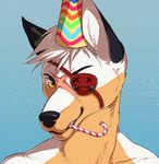  ambiguous_gender anthro candy candy_cane canine eye_patch eyewear food fur hair hat looking_at_viewer mammal melamoryblack nude party_hat simple_background solo 