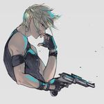  act_(a_moso) angry armband blonde_hair blood blue_eyes commentary_request eyelashes final_fantasy final_fantasy_xv fingerless_gloves freckles gloves grey_background gun holding holding_weapon male_focus nosebleed prompto_argentum scowl shirt simple_background sleeveless solo spiked_hair weapon 