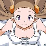  1girl bare_shoulders brown_hair collarbone dress from_above gym_leader hair_ornament long_hair looking_at_viewer looking_up mikan_(pokemon) no_bra pokemon pokemon_(game) pokemon_gsc purple_eyes ribbon sleeveless small_breasts smile twintails white_dress 