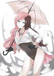  bare_legs black_gloves breasts brown_eyes brown_hair cleavage gloves heterochromia hips legs leotard long_hair long_legs looking_at_viewer medium_breasts neo_(rwby) parasol pink_eyes pink_hair raised_eyebrows rwby smirk solo thighs umbrella white_background wo_jianqiang_fu_guo 