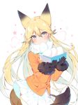  animal_ears bangs baozi black_gloves blonde_hair bow buttons covered_mouth eyebrows_visible_through_hair ezo_red_fox_(kemono_friends) food fox_ears fox_tail fur_trim gloves hair_between_eyes hands_up highres holding jacket japari_bun kemono_friends long_hair long_sleeves orange_hair orange_jacket orange_legwear pleated_skirt pocket ronopu scarf simple_background skirt solo standing tail upper_body very_long_hair white_bow white_scarf white_skirt yellow_eyes 