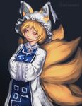  blonde_hair blue_background breasts cowboy_shot dress fox_tail frilled_hat frills gengoroumaru_(ambidextrous) grey_background hands_in_opposite_sleeves hat highres light long_sleeves looking_at_viewer medium_breasts multiple_tails pillow_hat short_eyebrows short_hair simple_background smirk solo tabard tail touhou tsurime twitter_username white_dress wide_sleeves yakumo_ran yellow_eyes 