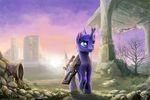  blue_eyes changeling day detailed_background fan_character gun hooves horn my_little_pony nemo2d outside ranged_weapon sky standing weapon 