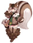  :3 animal_ears bag bare_shoulders blush brown_dress brown_hair closed_mouth dress eyebrows_visible_through_hair fluffy full_body fur gradient_hair green_eyes hair_between_eyes kenkou_cross large_tail looking_at_viewer monster_girl monster_girl_encyclopedia multicolored_hair official_art outstretched_arm paws petite puffy_sleeves ratatoskr_(monster_girl_encyclopedia) scroll short_hair simple_background smile solo squirrel_ears squirrel_tail streaked_hair striped_tail tail white_background white_hair 