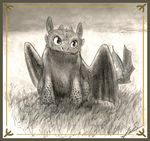  big_eyes black_dragon border dragon grass holt5 how_to_train_your_dragon invalid_tag long_ears looking_out male monochrome night_fury reptile scales scalie single sitting toothless wings 