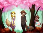  &lt;3 anthro brown_fur canine clothing dress embarrassed female flower flower_in_hair forest fur group hands_behind_back keidran looking_back love_confession male mammal natani pigtails plant shy sibling sign sweat tom_fischbach tree twokinds wolf yellow_fur zen_(twokinds) 