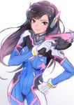  animal_print bangs blue_bodysuit bodysuit bracer breasts breasts_apart brown_eyes brown_hair bunny_print charm_(object) chkuyomi closed_mouth covered_navel cowboy_shot d.va_(overwatch) facepaint facial_mark finger_on_trigger gloves gun hand_on_hip hand_up handgun headphones high_collar holding holding_gun holding_weapon legs_apart long_hair long_sleeves looking_at_viewer medium_breasts overwatch pauldrons pilot_suit pink_lips ribbed_bodysuit shoulder_pads signature simple_background sketch skin_tight smile smug solo swept_bangs thigh_strap weapon whisker_markings white_background white_gloves 