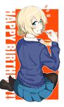  :t black_legwear blonde_hair blue_eyes blue_sweater blush border darjeeling eating english food food_on_face from_behind girls_und_panzer happy_birthday looking_at_viewer looking_back nexas outside_border pantyhose sitting solo st._gloriana's_school_uniform sweater white_border yokozuwari 