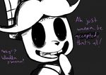  2015 animatronic anthro black_background bonnie_(fnaf) buckteeth creepy_smile dialogue english_text five_nights_at_freddy&#039;s inkyfrog lagomorph machine male mammal open_mouth open_smile rabbit restricted_palette robot simple_background smile solo teeth text video_games 