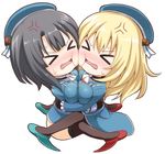  &gt;_&lt; anger_vein ascot atago_(kantai_collection) beret black_gloves black_hair black_legwear blonde_hair blush breast_press breasts cheek_squash chibi closed_eyes collision contrast gloves hat hug kantai_collection large_breasts long_hair multiple_girls mutual_hug nichika_(nitikapo) pantyhose short_hair simple_background sweat symmetrical_docking takao_(kantai_collection) thighhighs white_background 