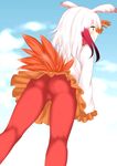  :o arm_up ass bangs bird_tail blue_sky blunt_bangs blush cloud day from_behind from_below gloves head_wings japanese_crested_ibis_(kemono_friends) kemono_friends kneepits long_hair momoiro_lettuce multicolored_hair orange_gloves orange_skirt pantyhose parted_lips profile red_hair red_legwear sidelocks skirt sky thighs two-tone_hair upskirt white_hair yellow_eyes 
