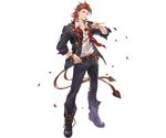  alpha_transparency boots cravat flower full_body granblue_fantasy hand_on_hip jacket looking_at_viewer male_focus minaba_hideo official_art open_clothes open_jacket percival_(granblue_fantasy) petals red_eyes red_hair rose rose_petals smile solo the_dragon_knights transparent_background 