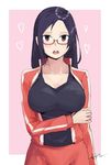  black_hair blush blush_stickers breasts cleavage demi-chan_wa_kataritai genocide06 glasses hair_down heart highres jacket large_breasts long_hair looking_at_viewer open_clothes open_jacket open_mouth purple_eyes satou_sakie solo tank_top track_suit upper_body 