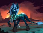  animated armor blue_fur detailed_background equine fan_character feral fur hair hooves horn mammal melee_weapon my_little_pony no_sound rodrigues404 smile solo standing sword unicorn weapon white_hair 
