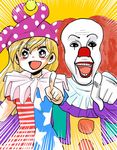  1girl :d american_flag_dress blonde_hair clown clownpiece commentary foreshortening gloves hat highres it_(stephen_king) jester_cap komaku_juushoku legacy_of_lunatic_kingdom open_mouth pennywise pink_eyes pointing pointing_at_viewer polka_dot red_hair red_nose smile teeth touhou 