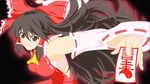  armpits ascot aura bad_anatomy bad_perspective bangs bare_shoulders blurry bow breasts brown_eyes brown_hair clenched_hand clenched_teeth detached_sleeves eyebrows_visible_through_hair hair_between_eyes hair_bow hair_tubes hakurei_reimu highres holding long_hair looking_at_viewer medium_breasts ofuda outstretched_arms poyo_(codesion) red_bow red_shirt ribbon-trimmed_bow ribbon-trimmed_clothes ribbon-trimmed_sleeves ribbon_trim sarashi satou_rina seiyuu_connection shirt solo tales_of_(series) tales_of_berseria teeth touhou upper_body velvet_crowe wide_sleeves yellow_neckwear 