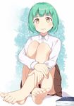  barefoot blush book brown_skirt bushinofuji demi-chan_wa_kataritai dress_shirt feet full_body green_hair highres kusakabe_yuki_(demi-chan_wa_kataritai) leg_hug legs looking_at_viewer panties pantyshot pantyshot_(sitting) pleated_skirt pout shirt short_hair sitting skirt soles solo thighs toenails toes underwear white_shirt yellow_eyes 