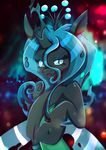  black_skin blue_eyes blue_hair blurred_background changeling eyelashes fangs female friendship_is_magic hair hooves horn my_little_pony queen_chrysalis_(mlp) rariedash smile solo 