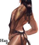  1boy apron ass black_hair brant0815 genji_(overwatch) hanzo_(overwatch) long_hair male_focus naked_apron overwatch solo tattoo 