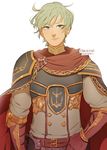  armor cape darkgreyclouds ephraim fire_emblem fire_emblem:_seima_no_kouseki green_eyes looking_at_viewer male_focus pauldrons simple_background smile solo white_background 