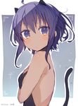  2017 absurdres ahoge bare_back bare_shoulders between_breasts blush breasts dark_skin dated fate/prototype fate/prototype:_fragments_of_blue_and_silver fate_(series) from_side gijxgij hairband halterneck hand_between_breasts hassan_of_serenity_(fate) highres looking_at_viewer purple_eyes purple_hair short_hair sketch small_breasts solo tail upper_body 