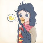  bird black_eyes black_hair crow crowanon duck harpy messy_hair monster_girl original pringle_duck pringles scarf speech_bubble spoken_animal sweater 